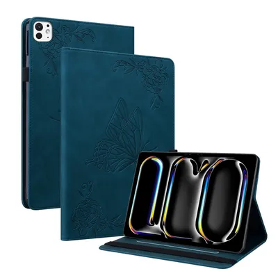 Image de Étui en similicuir à motif papillon pour Apple iPad Pro 11 2024, bleu