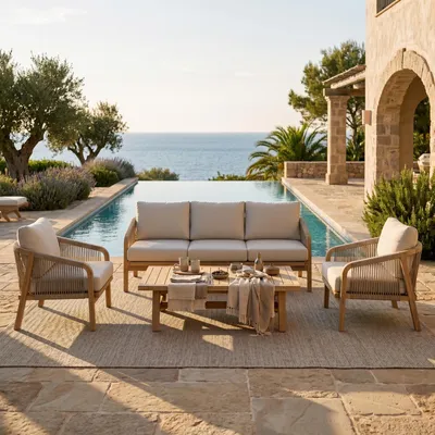 Produktbild von Gartenlounge SANYA aus massivem Akazienholz, Natur/Beige - 4-teiliges Outdoorset mit 3-Sitzer-Sofa, 2 Loungesesseln und Couchtisch, mit dekorativem Ropegeflecht inklusive beigen Polstern