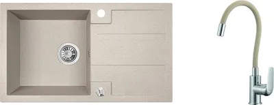 Produktbild von BADLAND Elza Set Spülbecken Granitspüle Einzelbecken mit langer Ablaufplatte Beige Armatur Spültischarmatur Siphon
