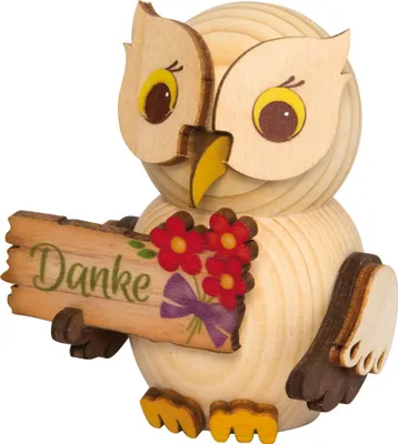 Produktbild von Drechslerei Kuhnert - Mini-Eulen aus Holz - mit Danke-Schild - ca. 7 cm groß - als Dekoration oder Geschenk geeignet