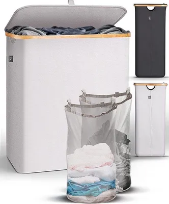 Obrázek produktu pro HENNEZ Velký koš na prádlo s víkem, 2 přihrádky | 140L taška na prádlo | Koš na prádlo do koupelny a ložnice | Moderní koš na prádlo s uchy | Skládací