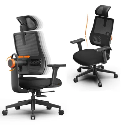 A collage of two images showing an ergonomic office chair from different angles, highlighting its adjustable features.