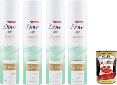 Produktbild von Dove Advanced Control Fresh Deodorante Spray 0% Alkohol, 96h Schutz Deodorant 4x 100ml + Italian Gourmet polpa 400g