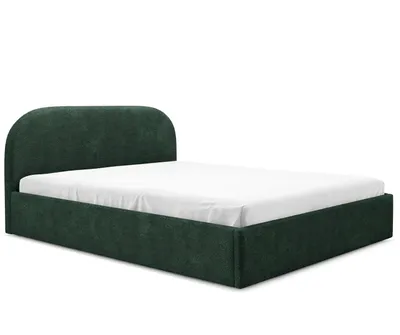 A dark green upholstered bed with a white sheet on a white background.