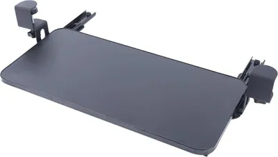 Obrázok produktu pre Výsuvná podložka pod klávesnicu – montáž pod stôl – upevnenie pomocou svorky bez vŕtania – výsuv 25 cm – nastaviteľná výška 1–4 cm – nosnosť 20 kg – čierna