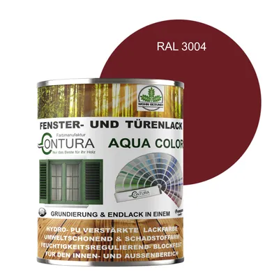 Produktbild von Contura 750ml Fenster und Türenlack Seidenmatt nach RAL 2in1 mit Pinsel Möbellack Innen und Außen Holzlack - RAL 3004 Purpurrot