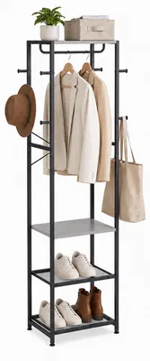 Produktbild von Relaxdays Garderobenständer, 4 Ablagen & 8 Haken HBT: 181x40x28 cm, Jackenständer mit Stange, Flur, Metall, schwarz-grau