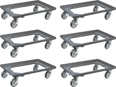 Produktbild von SparSet 6x Transportroller für Euroboxen 60x40cm mit Gummiräder grau | Offenes Deck | 2 Lenkrollen & 2 Bremsrollen | Traglast 300kg | Kistenroller Logistikroller Rollwagen Profi-Fahrgestell