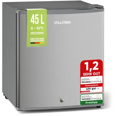 Produktbild von Stillstern Mini Kühlschrank E 45L mit Abtauautomatik, Schloss, Frostfach, Leise, Ideal für Küche, Büro, Schlafzimmer, Hotels und kleine Wohnungen Kühlschrank klein Minibar R600A Getränkekühlschrank