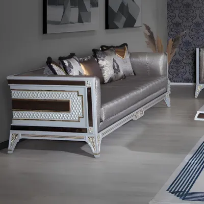 Produktbild von Designer Moderne Luxus Sofa 3 Sitzer Holz Möbel Polster Textil Grau Neu