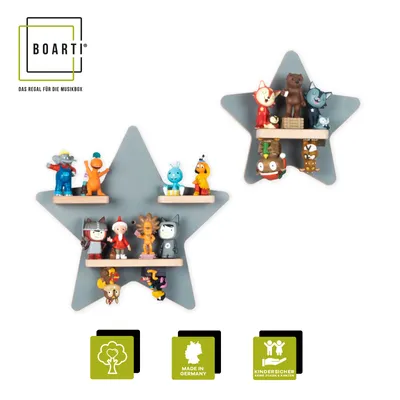 Produktbild von BOARTI Kinderregal Stern | hängend für Tonie Figuren | platzsparendes Regal | Maße: H. 33 x B. 33 x T. 5 cm | Wandregal für Figuren Aufbewahrung mit Magneteinsätzen | Aufbewahrungsregal Holz