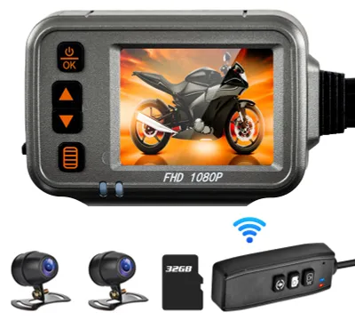 Produktbild von Motorrad-Dashcam, WiFi Dual 1080p Motorradkamera, 120° Weitwinkel, Parküberwachung, zeitgesteuerte Aufnahme nach Flammendurchschlag, Ganzkörper-wasserdichte Nachtsicht HD mit 32G-Speicherkarte