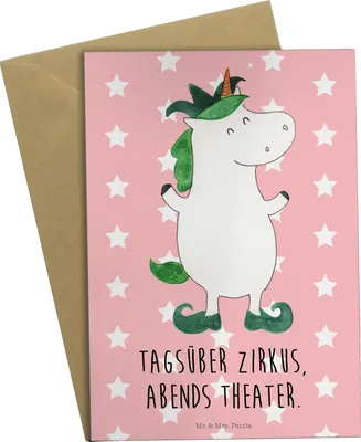 Produktbild von Mr. & Mrs. Panda Klappkarte Einhorn Joker - Rot Pastell - Geschenk, glückwunschkarten, osterkarten, Grußkarten, einladungskarten, Unicorn, Mittelalter, Kasper, Einhörner