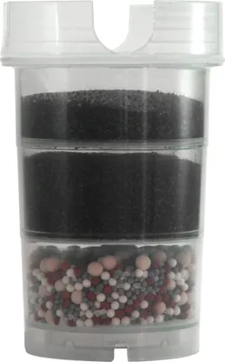 A close-up studio shot of a water filter cartridge, showing its layered internal components.