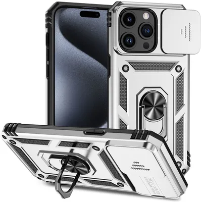 Obrázek produktu pro Pouzdro pro iPhone 15 Pro dvouvrstvé pouzdro s posuvným krytem kamery a prstencovým stojánkem Stříbro