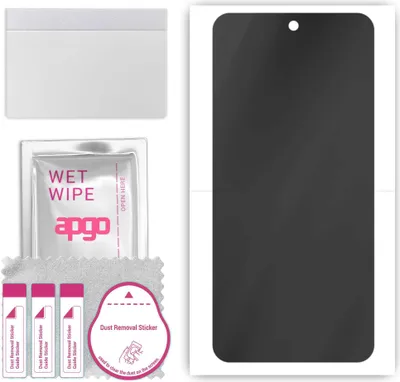 A flat lay of a screen protector kit for a smartphone, including the screen protector itself, a wet wipe, dust removal stickers, and a cleaning cloth.