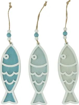 Produktbild von Dekohänger Fisch 12cm Holz Maritim Blau Hängedeko 9 Stk Sommerdeko, 9 Stück