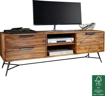 Produktbild von WOHNLING Lowboard NISHAN 160x54x40 cm Sheesham Massiv Holz Hifi-Board mit Stauraum und Schubladen Massivholz Fernsehschrank Wohnzimmer Industrial