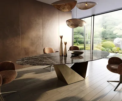 Produktbild von DELIFE Esstisch Edge Oval 315x150 cm Keramik Emperador Extra Lucidato Dunkelbraun Prisma Metallic Gold