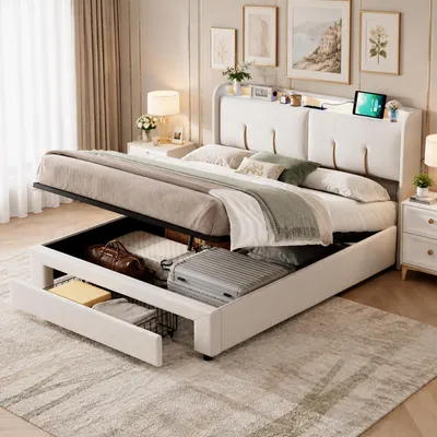 Image de Lit rembourré INONEFT 160x200 cm avec LED/USB, lit à lattes avec sommier à ressorts et espace de rangement hydraulique, lit double avec tiroir et sommier à lattes, lit pour adolescents, en velours, couleur blanc cassé