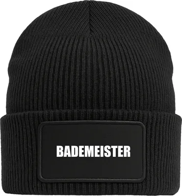 Produktbild von Huuraa Beanie Bademeister Schriftzug Black doppellagige Polyacryl Mütze mit Patch Geschenkidee