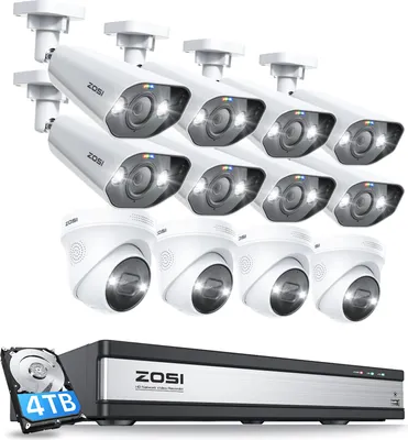 Produktbild von ZOSI 4K Überwachungskamera Set, 12X 8MP PoE IP Kamera mit Smart Personenerkennung und Spotlight Alarm, 16CH 4TB HDD NVR für 24/7 Video- & Audioüberwachung