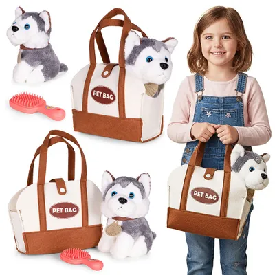 Zdjęcie produktu dla Pluszowy piesek w torebce husky maskotka dla dziecka + szczotka do pielęgnacji