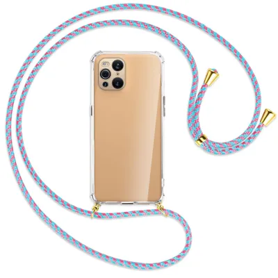 Produktbild von Handykette Backcover-Schutzhülle mit Band (Metall goldfarben) für Oppo Find X3 Pro - pink/mint
