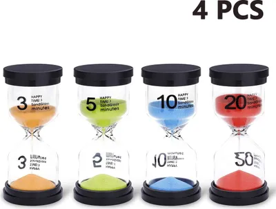 Obrázek produktu pro Sada čtyř pískových hodin v různých barvách (3 minuty, 5 minut, 10 minut, 20 minut) – ideální pro dětské hry, školu, domácnost, kancelář a kuchyň.
