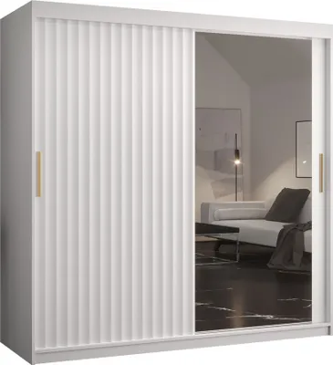 Produktbild von MIRJAN24 Kleiderschrank Riflo Wave 2 180, Schwebetürenschrank mit zwei Kleiderstangen, Garderobe mit Frontspiegel (Farbe: Weiß, Größe: 180 cm)