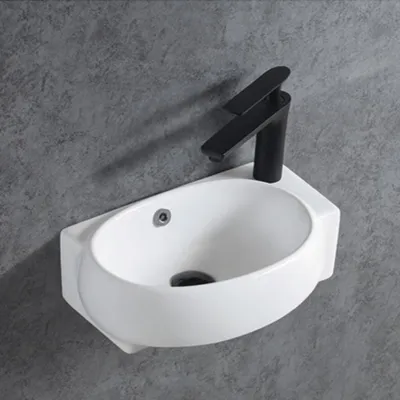 Produktbild von Wandwaschbecken KW198 aus Keramik für Gäste-WC - 42 x 28 x 15 cm - Weiß glänzend, Ablaufgarnitur wählbar:Ohne Ablaufgarnitur