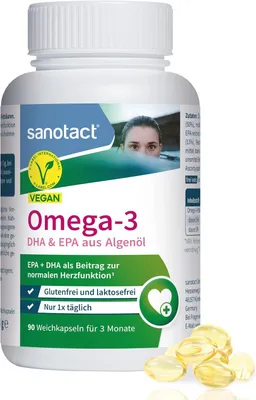 Produktbild von sanotact Omega-3 Vegan – 90 Weichkapseln mit DHA & EPA aus Algenöl – Für Herzfunktion¹ – Nur 1x täglich – 3-Monatsvorrat