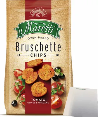 Produktbild von Maretti Bruschette Chips Tomato Olives & Oregano Brotchips (150g Packung) + usy Block
