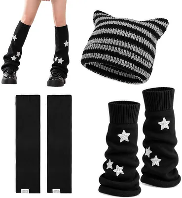 Imagen del producto de Conjunto de tres piezas: brazaletes, gorro y cubre piernas, con estampado de estrellas, para mujeres y adolescentes
