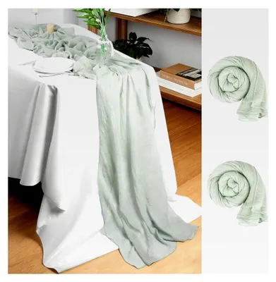 Produktbild von 2 Stück Tischläufer Salbei (3 m x 80 cm), Dekostoff Kasetuch Tischläufer, Rustikale Musselin Tischdecke für Hochzeit, Babyparty, Geburtstag, Feiertag, Party