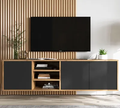 Obrázok produktu pre Skriňa RTV TV stolik Nízka TV skrinka, Lowboard TV 150 cm TV závesná doska , Nábytok Lindner - trojdverový - moderné, Farba: dub wotan čierny matný