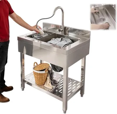 Imagen del producto de Fregadero de acero inoxidable independiente, gran lavabo individual con escurridor y grifo extraíble, fregadero industrial para cocina, armario fregadero para uso doméstico, lavadero (75x50x90 cm, plateado)