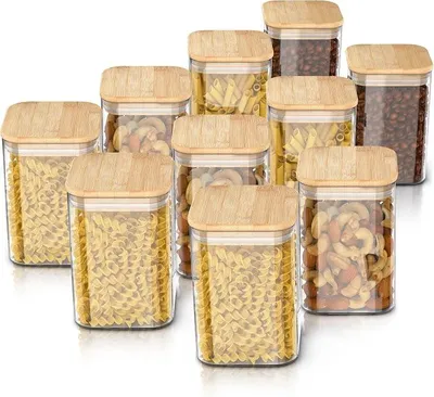 Imagen del producto de - Frascos de vidrio con tapa, 1200 ml - Juego de 10 unidades - Recipientes de vidrio, resistentes al calor - Contenedores/recipientes para alimentos con tapa de bambú - Herméticos - Ideales para cereales, azúcar, harina, café, arroz