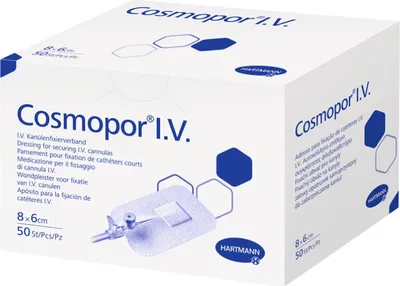Obrázok produktu pre Hartmann Cosmopor I.V. fixačný obväz na kanylu sterilný 6 x 8 cm (50 ks)