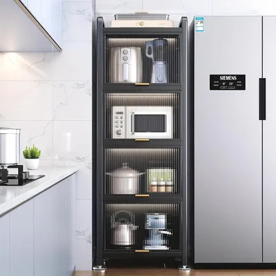 Immagine prodotto di Mobiletto da cucina - Carrello da cucina - Armadietto portaoggetti - Supporto per microonde - Scaffale con ante a ribalta