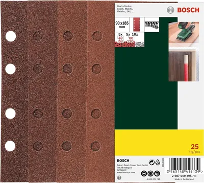 Produktbild von Bosch Schleifblatt Set 25 Stück 93 x 185 mm, 60/80/120, 8 Löcher mit Klett