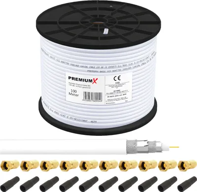 Produktbild von PremiumX 100m BASIC Koaxialkabel 135dB 4-fach SAT Antennenkabel Koax-Kabel RG6 Satellitenkabel 10x F-Stecker Tülle