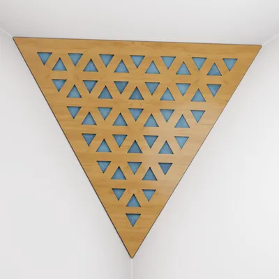 Produktbild von 2er-Pack – Deckenecken-Bassfalle "Triangle-F" | Pyramidenförmiger Akustikschaum mit laminierter HDF-Platte und Stoff [TRI -Eiche|Blau]