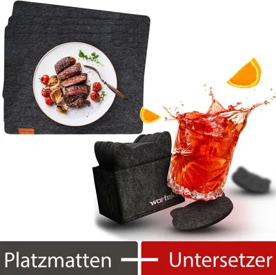 Produktbild von wortek Filz Platzset 4er Set Tischset 44cm x32cm 4er Set +Filz-Untersetzer Katze 10er Set inkl. Aufbewahrungsbox