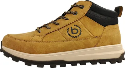 A side view of a single brown and beige boot against a white background.