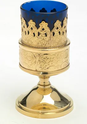 Produktbild von Ewiglicht mit blauen Glas, Windlicht blau Höhe 13 cm, Messing, gold, wird mit dunkelblaumen Glaseinsatz geliefert