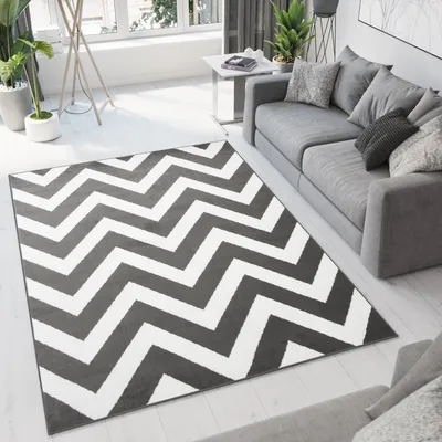 Produktbild von Teppich Wohnzimmer Schlafzimmer Kurzflor Modern Design Dunkelgrau Weiß Geometrisch Streifen Zig Zag Jugendzimmer  250 x 350 cm