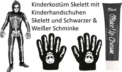 Produktbild von Kinderkostüm Skelett - Gr. 116-158cm- mit Kinder Knochenhandschuhen und Schwarzer und Weißer Schminke - L - 158 cm