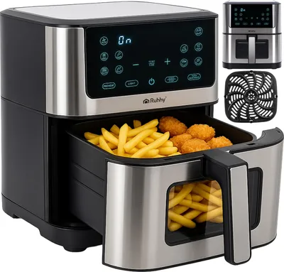 A black and silver air fryer with a basket full of french fries and chicken nuggets, displayed with a smaller image of the air fryer and a black grill accessory in the background.