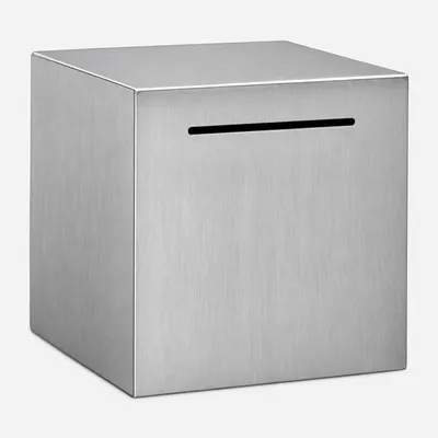 Productafbeelding van Relaxdays spaarbox, niet te openen, roestvrij staal, 15 x 15 x 15 cm, spaarvarken voor volwassenen, geschikt voor bankbiljetten en munten, zilverkleurig, AI-gegenereerde afbeelding
